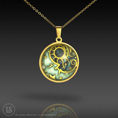 Man in the Moon Pendant, Glass, Gold-plated Stainless Steel