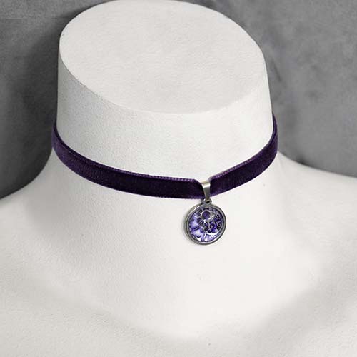 Man in the Moon Purple, Small Choker, Silver-tone, Glass, stainless Steel, velvet