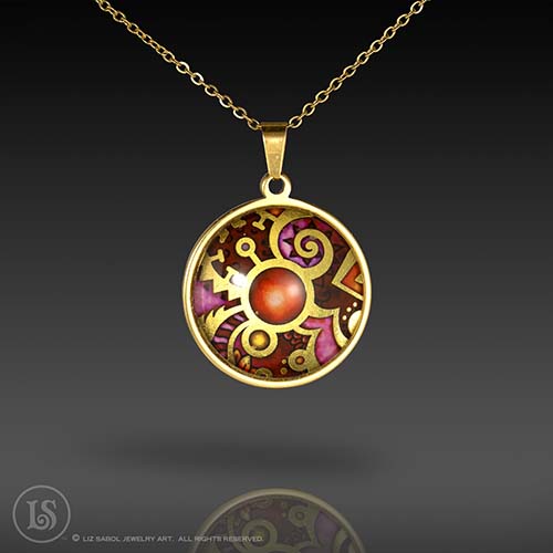 Paisley Magenta Pendant, Glass, Gold-plated Stainless Steel