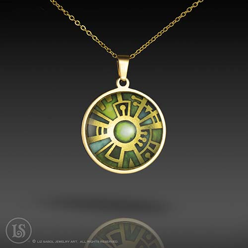 Radial Green Pendant, Glass, Gold-plated Stainless Steel