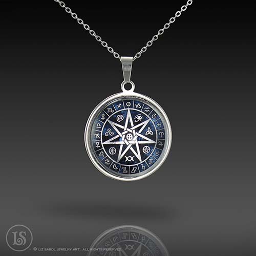 Septagram with Symbols Pendant, Glass, Stainless Steel